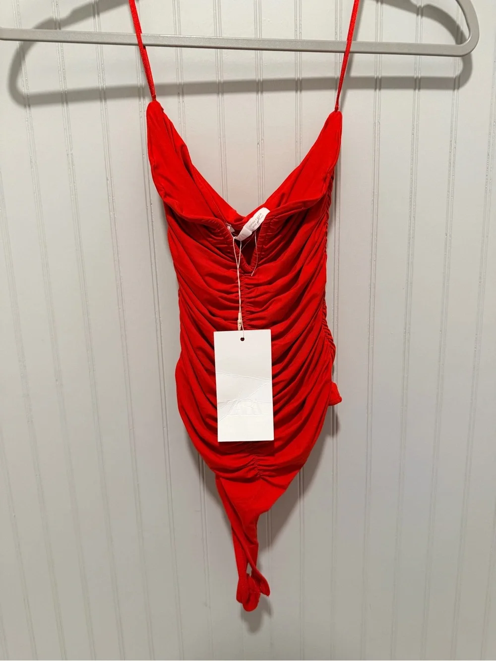 Zara Red Ruched Strapless Thong Bodysuit